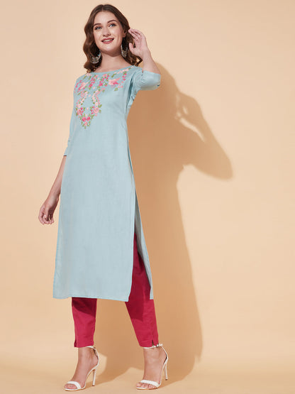 Floral Hand Embroidered Straight Fit Kurta - Powder Blue