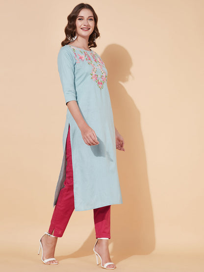 Floral Hand Embroidered Straight Fit Kurta - Powder Blue