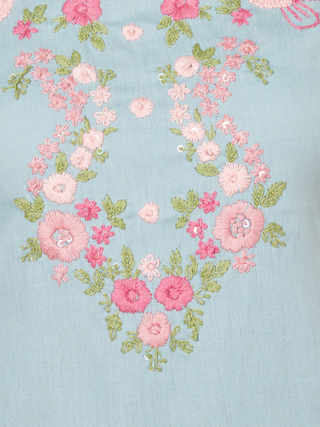 Floral Hand Embroidered Straight Fit Kurta - Powder Blue