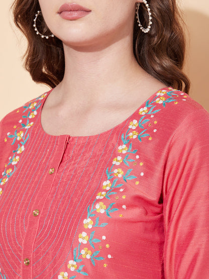 Ethnic Embroidered Straight Fit Kurta - Coral Pink