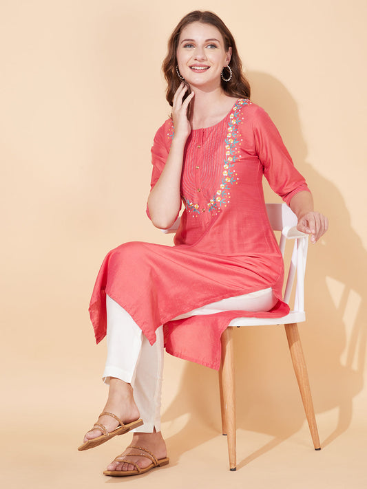 Ethnic Embroidered Straight Fit Kurta - Coral Pink
