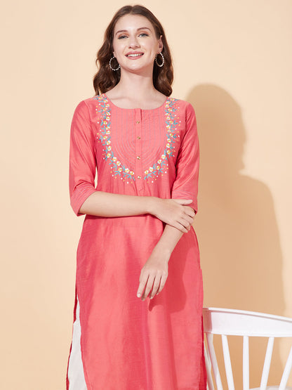 Ethnic Embroidered Straight Fit Kurta - Coral Pink