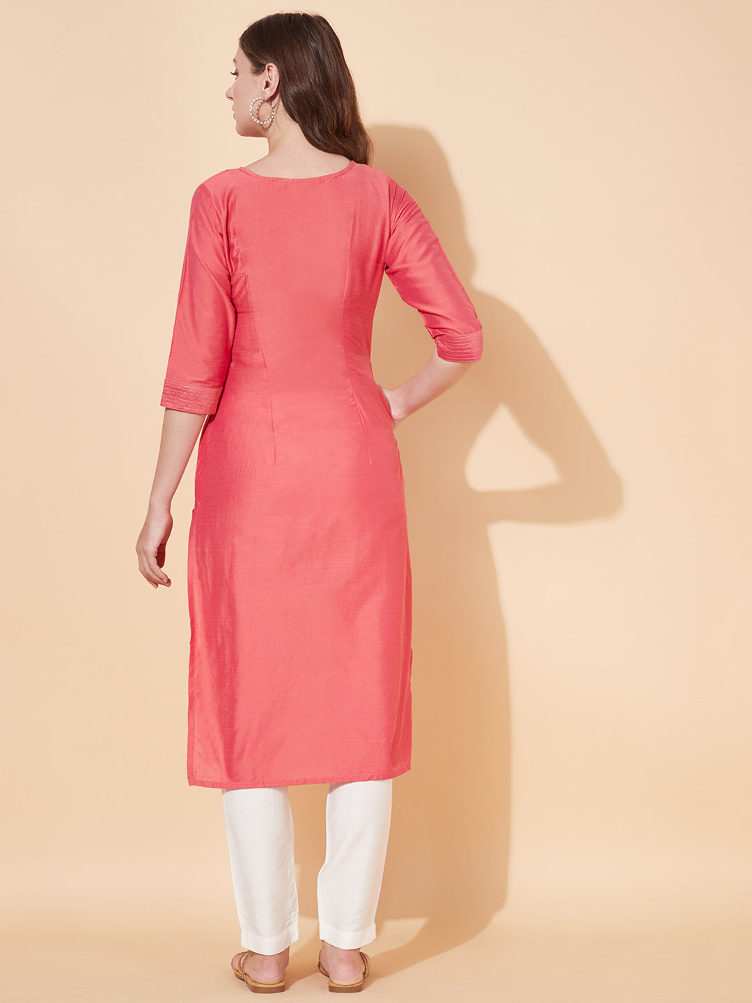 Ethnic Embroidered Straight Fit Kurta - Coral Pink