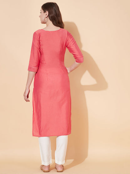 Ethnic Embroidered Straight Fit Kurta - Coral Pink