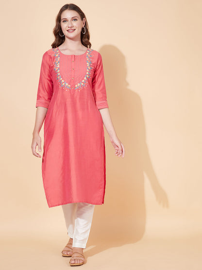 Ethnic Embroidered Straight Fit Kurta - Coral Pink
