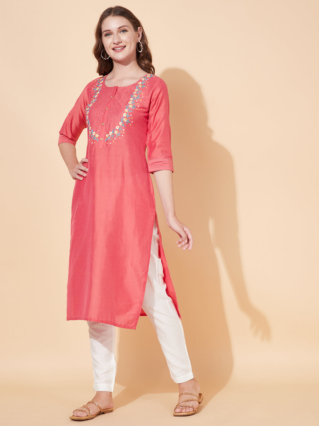 Ethnic Embroidered Straight Fit Kurta - Coral Pink