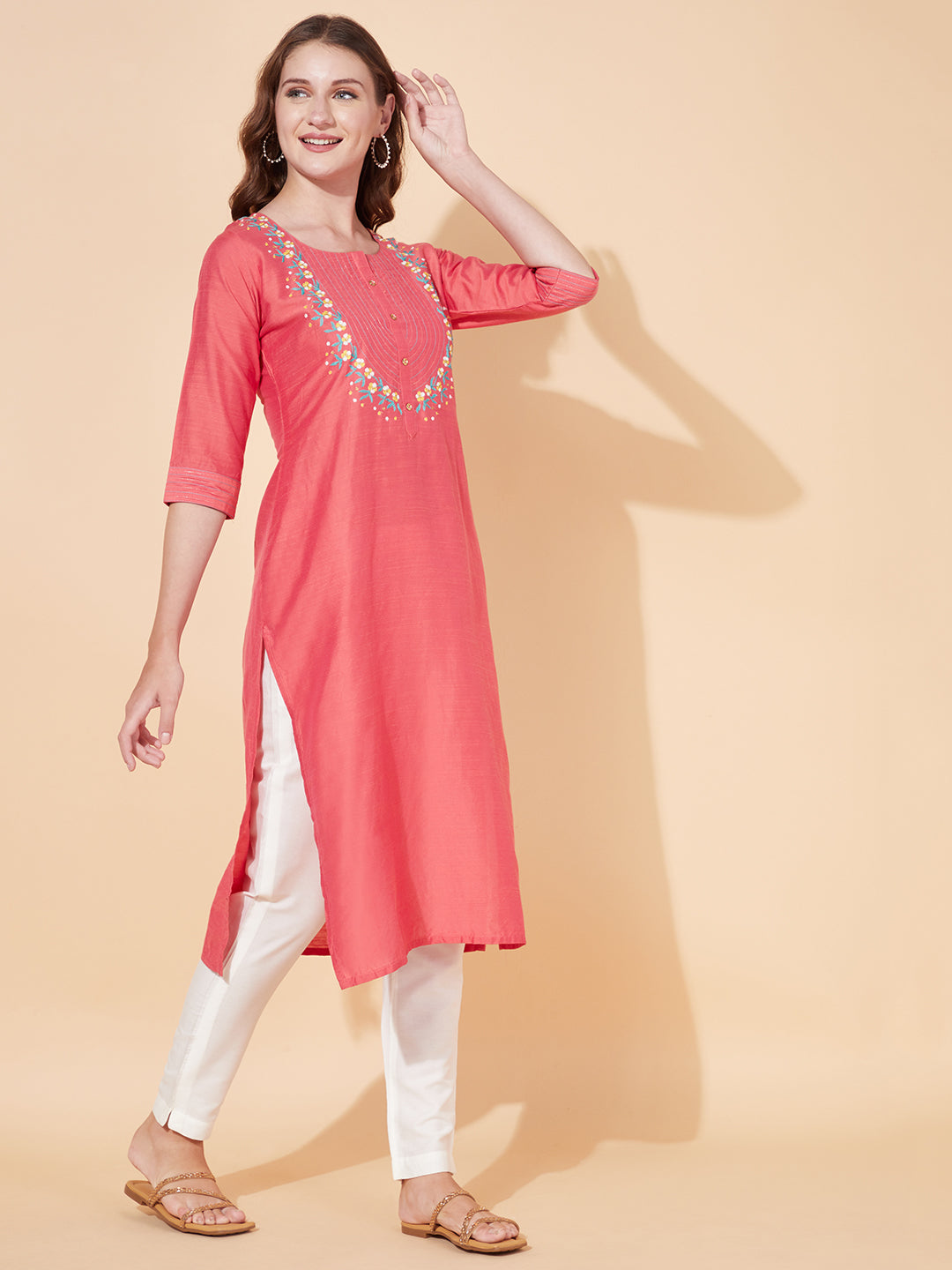 Ethnic Embroidered Straight Fit Kurta - Coral Pink