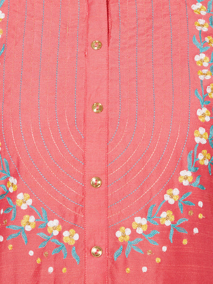Ethnic Embroidered Straight Fit Kurta - Coral Pink