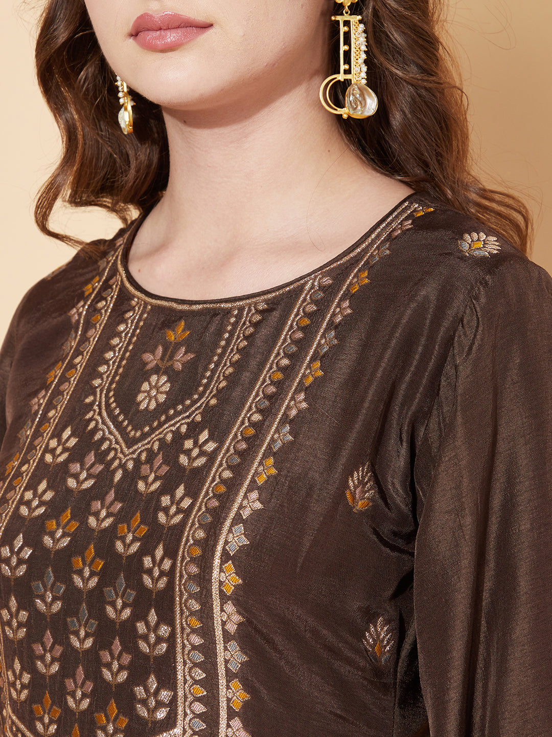 Ethnic Woven Straight Fit Kurta with Pants - Dark Brown