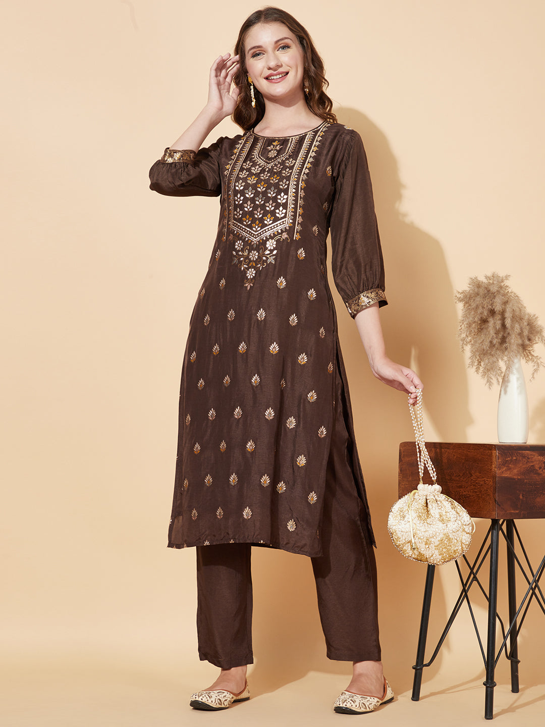 Ethnic Woven Straight Fit Kurta with Pants - Dark Brown