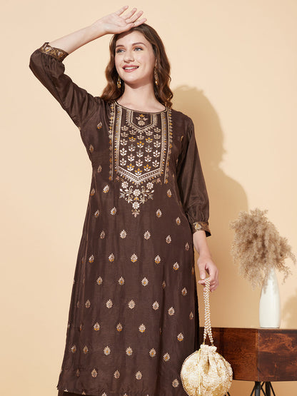 Ethnic Woven Straight Fit Kurta with Pants - Dark Brown
