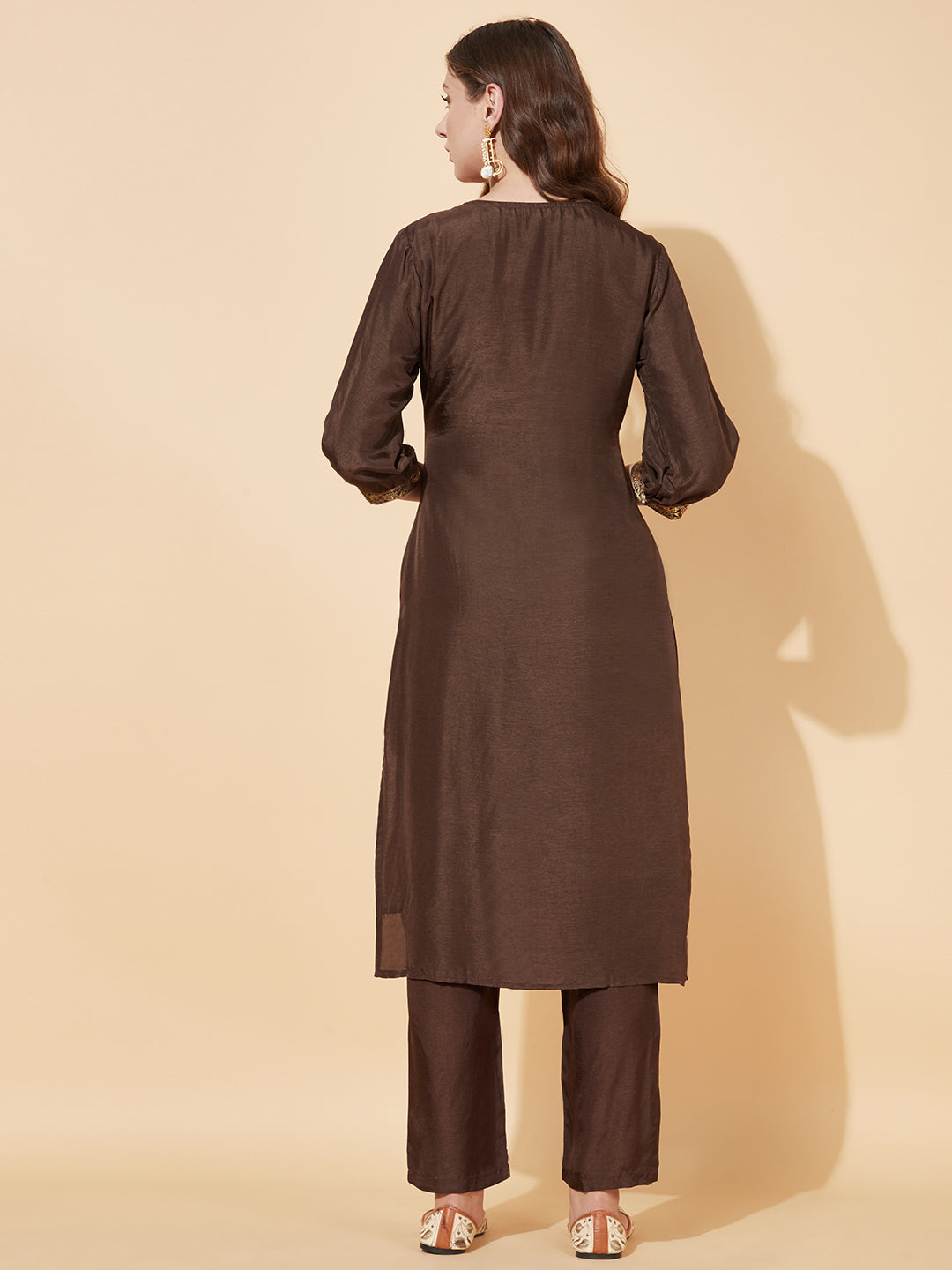 Ethnic Woven Straight Fit Kurta with Pants - Dark Brown