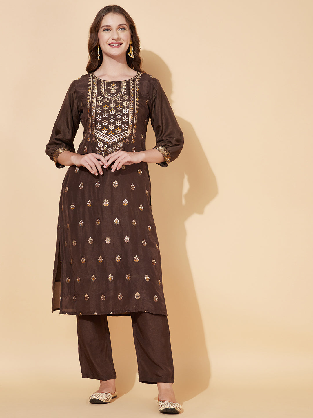 Ethnic Woven Straight Fit Kurta with Pants - Dark Brown