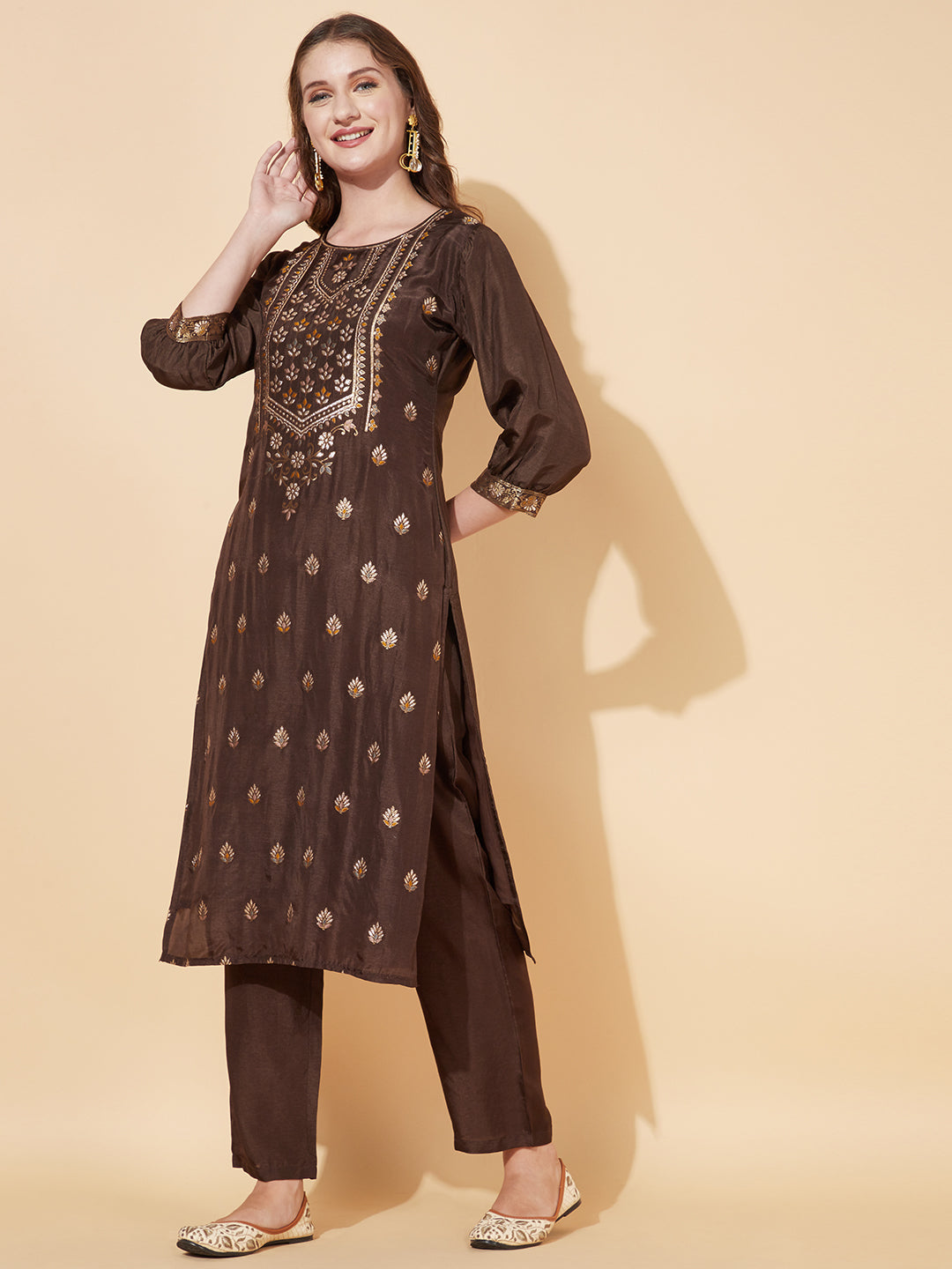 Ethnic Woven Straight Fit Kurta with Pants - Dark Brown