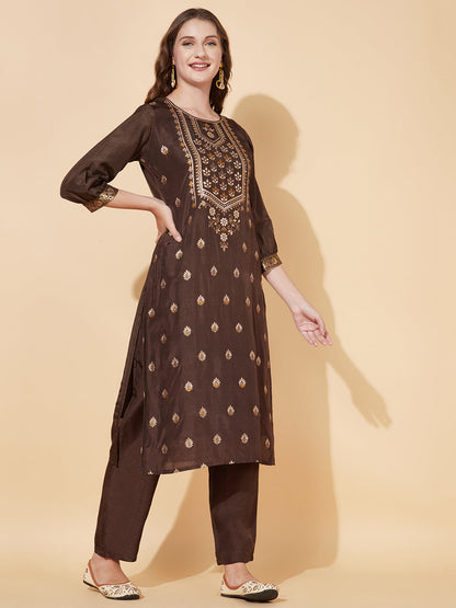 Ethnic Woven Straight Fit Kurta with Pants - Dark Brown