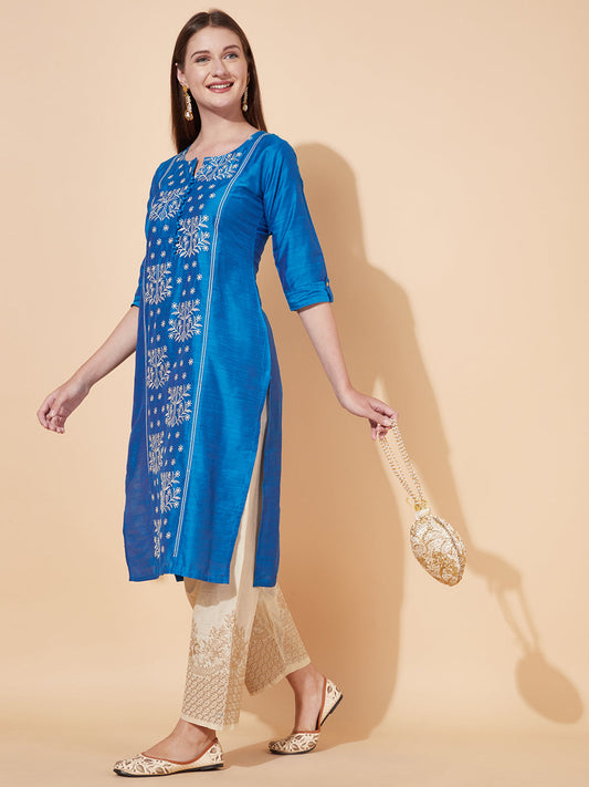 Floral Embroidered Straight Fit Kurta - Blue