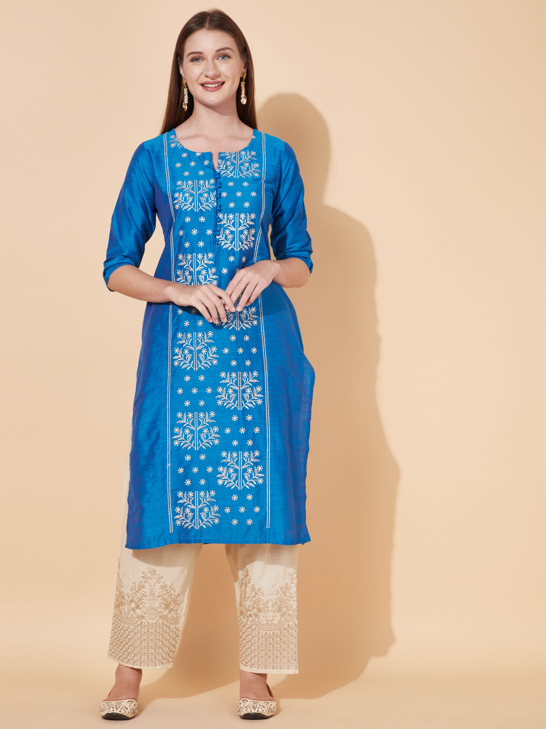 Floral Embroidered Straight Fit Kurta - Blue