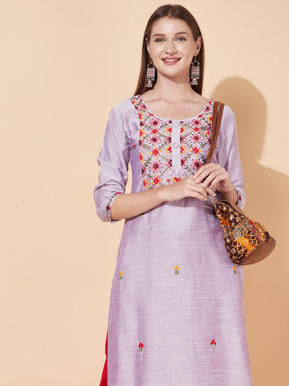 Floral Hand Embroidered Straight Fit Kurta - Light Purple