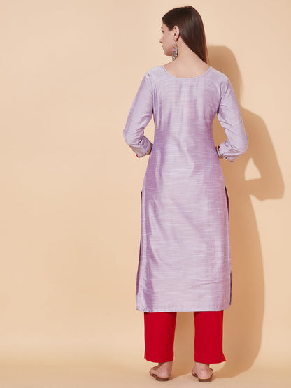 Floral Hand Embroidered Straight Fit Kurta - Light Purple