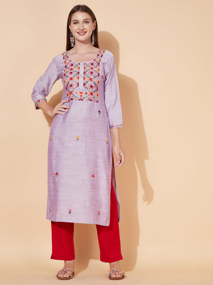 Floral Hand Embroidered Straight Fit Kurta - Light Purple
