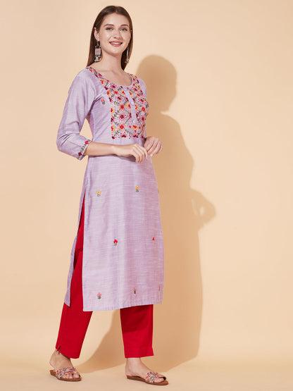 Floral Hand Embroidered Straight Fit Kurta - Light Purple