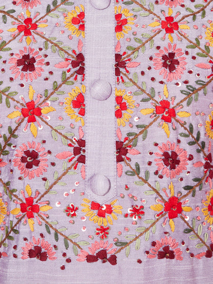 Floral Hand Embroidered Straight Fit Kurta - Light Purple