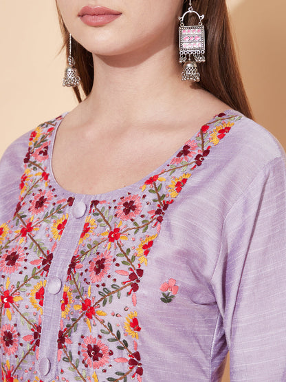 Floral Hand Embroidered Straight Fit Kurta - Light Purple