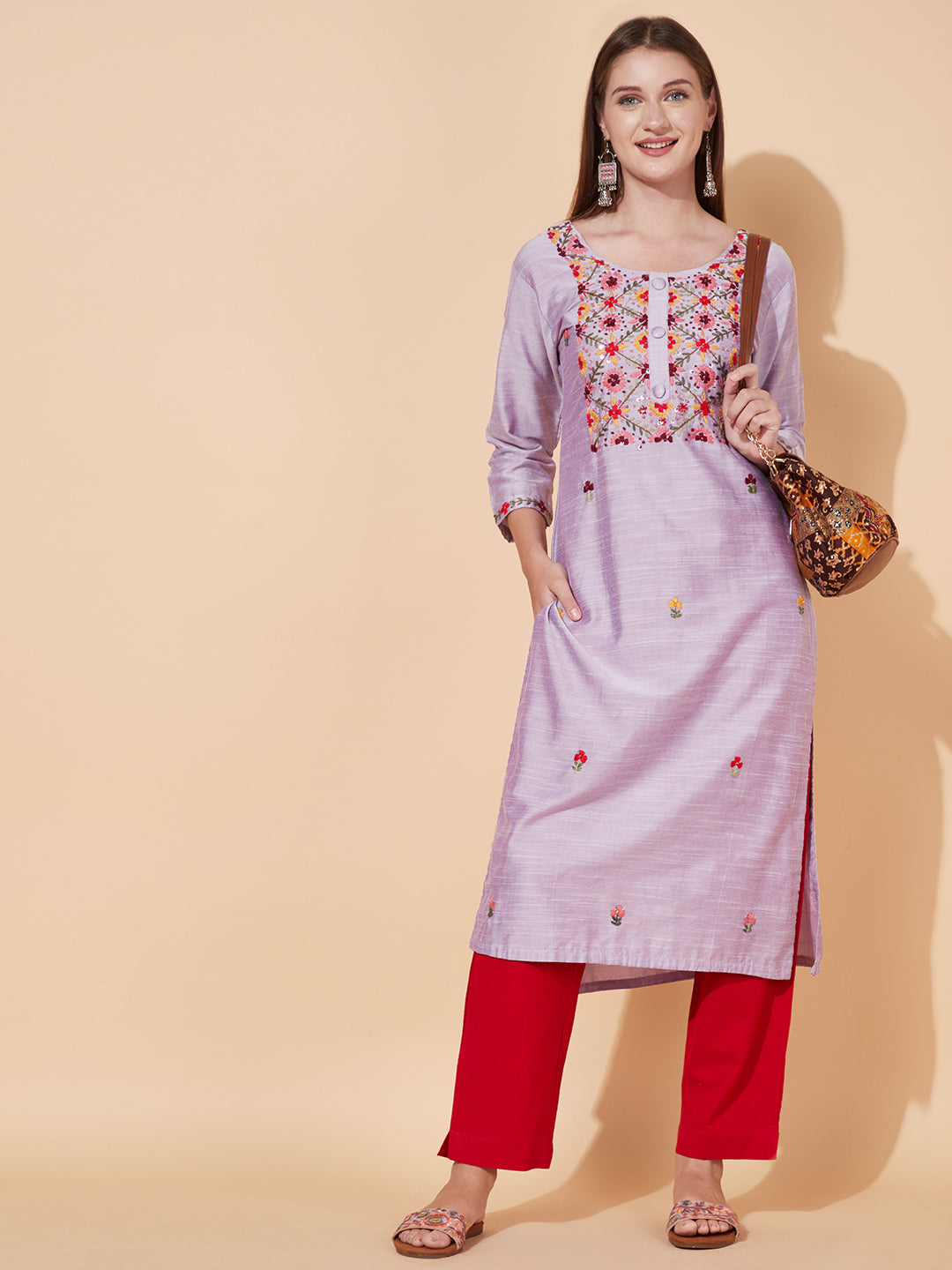 Floral Hand Embroidered Straight Fit Kurta - Light Purple