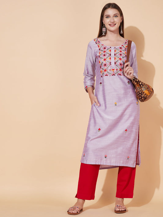 Floral Hand Embroidered Straight Fit Kurta - Light Purple