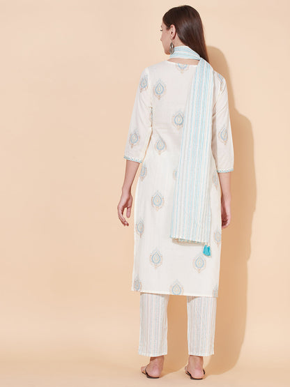 Ethnic Printed & Embroidered Kurta with Pants & Dupatta - Off White