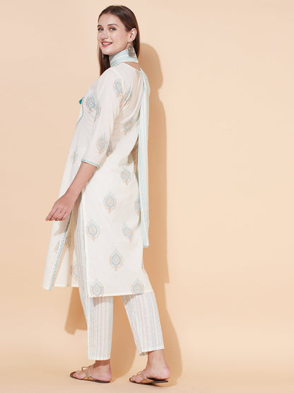Ethnic Printed & Embroidered Kurta with Pants & Dupatta - Off White