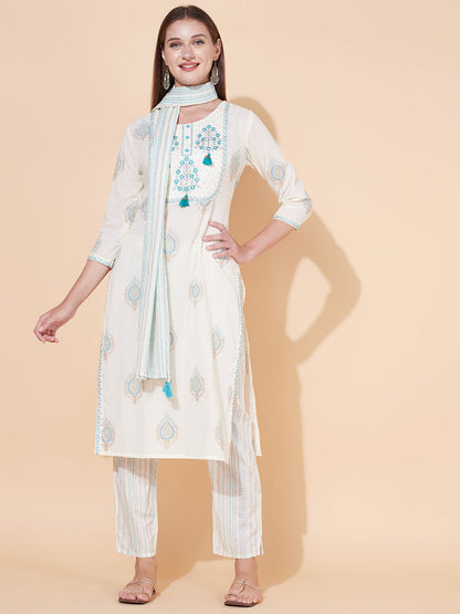 Ethnic Printed & Embroidered Kurta with Pants & Dupatta - Off White