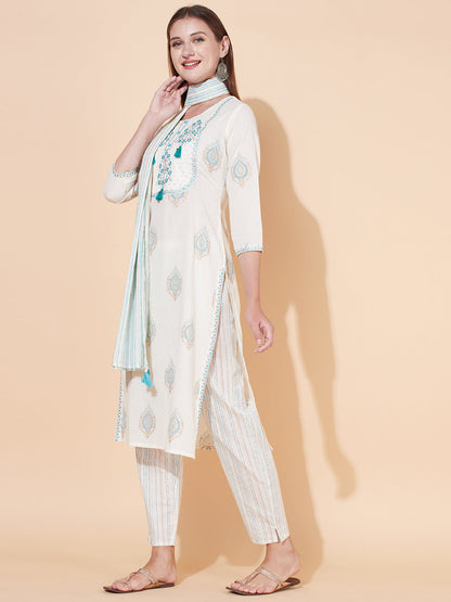 Ethnic Printed & Embroidered Kurta with Pants & Dupatta - Off White