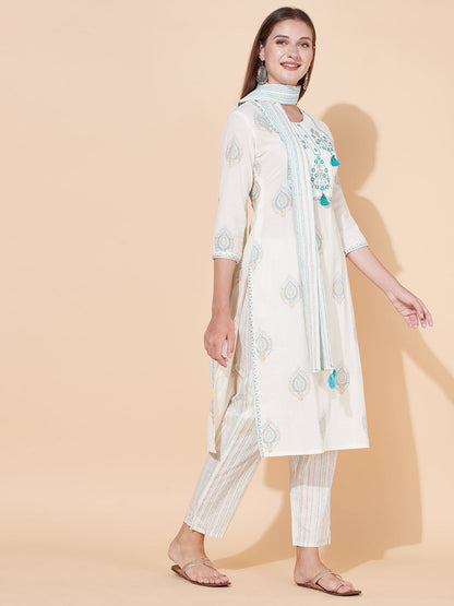 Ethnic Printed & Embroidered Kurta with Pants & Dupatta - Off White