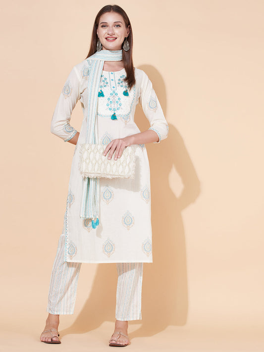 Ethnic Printed & Embroidered Kurta with Pants & Dupatta - Off White