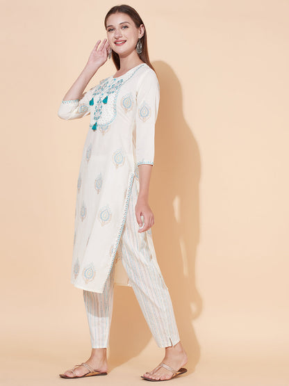 Ethnic Printed & Embroidered Kurta with Pants & Dupatta - Off White