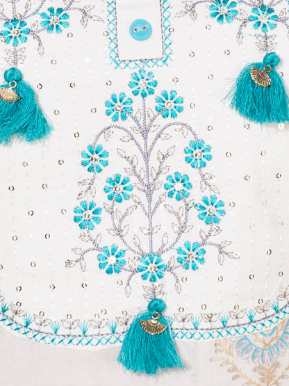 Ethnic Printed & Embroidered Kurta with Pants & Dupatta - Off White