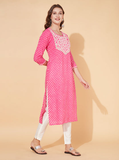 Leheriya Printed & Embroidered Straight Fit Kurta - Pink