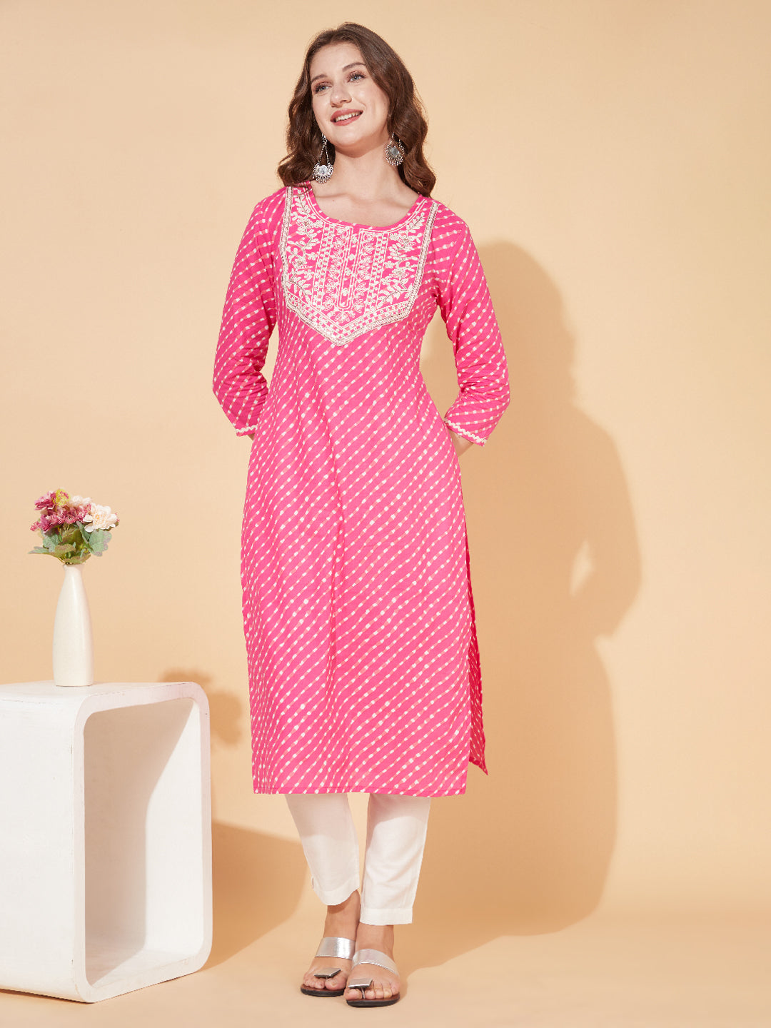 Leheriya Printed & Embroidered Straight Fit Kurta - Pink