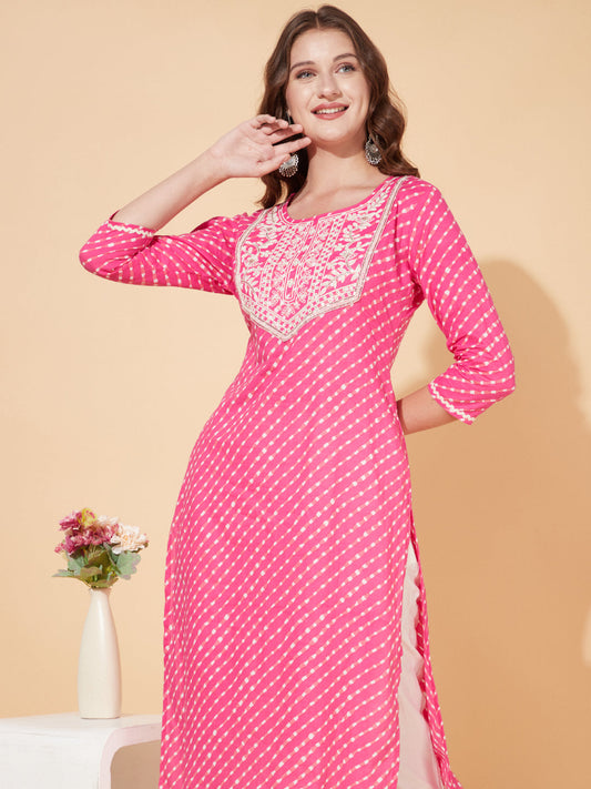 Leheriya Printed & Embroidered Straight Fit Kurta - Pink