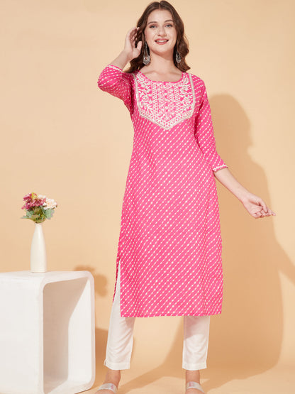 Leheriya Printed & Embroidered Straight Fit Kurta - Pink