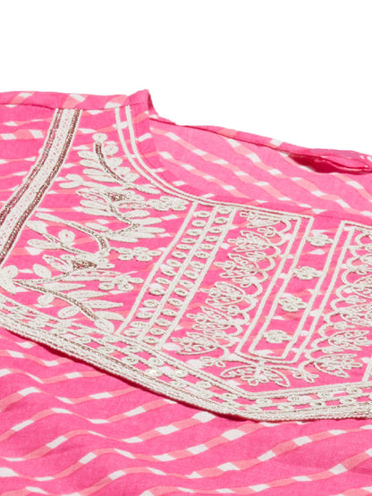 Leheriya Printed & Embroidered Straight Fit Kurta - Pink