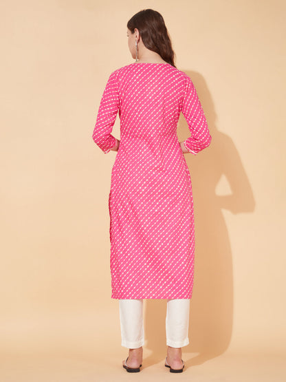 Leheriya Printed & Embroidered Straight Fit Kurta - Pink