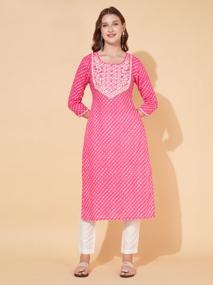 Leheriya Printed & Embroidered Straight Fit Kurta - Pink