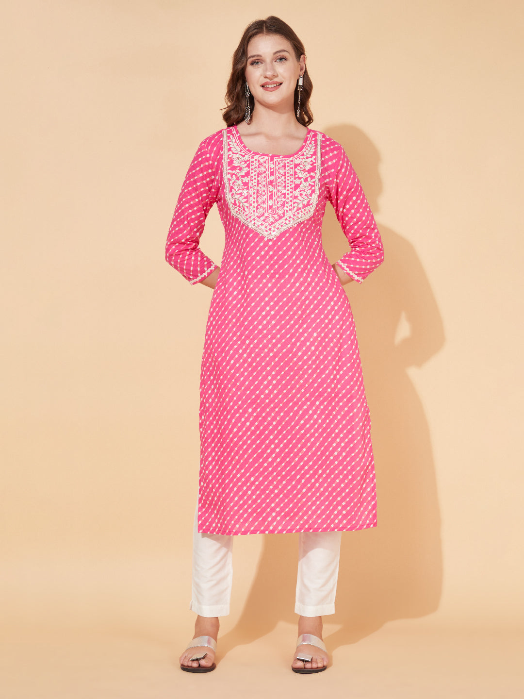 Leheriya Printed & Embroidered Straight Fit Kurta - Pink