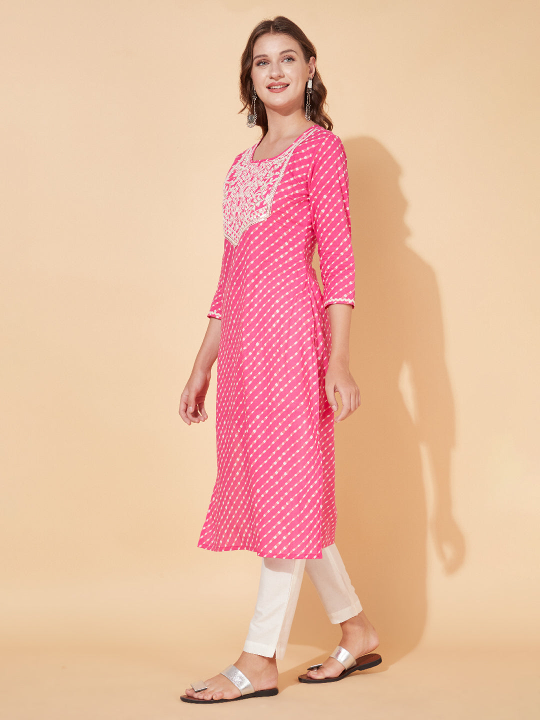 Leheriya Printed & Embroidered Straight Fit Kurta - Pink