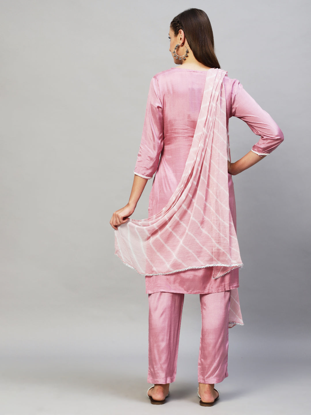 Ethnic Embroidered Kurta with Pants & Dupatta - Lilac Purple