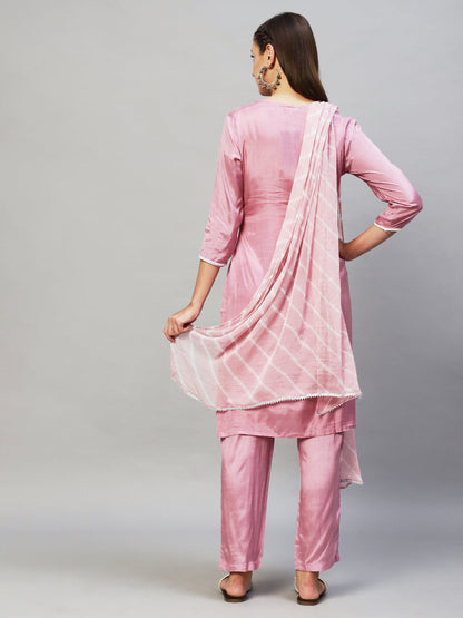 Ethnic Embroidered Kurta with Pants & Dupatta - Lilac Purple
