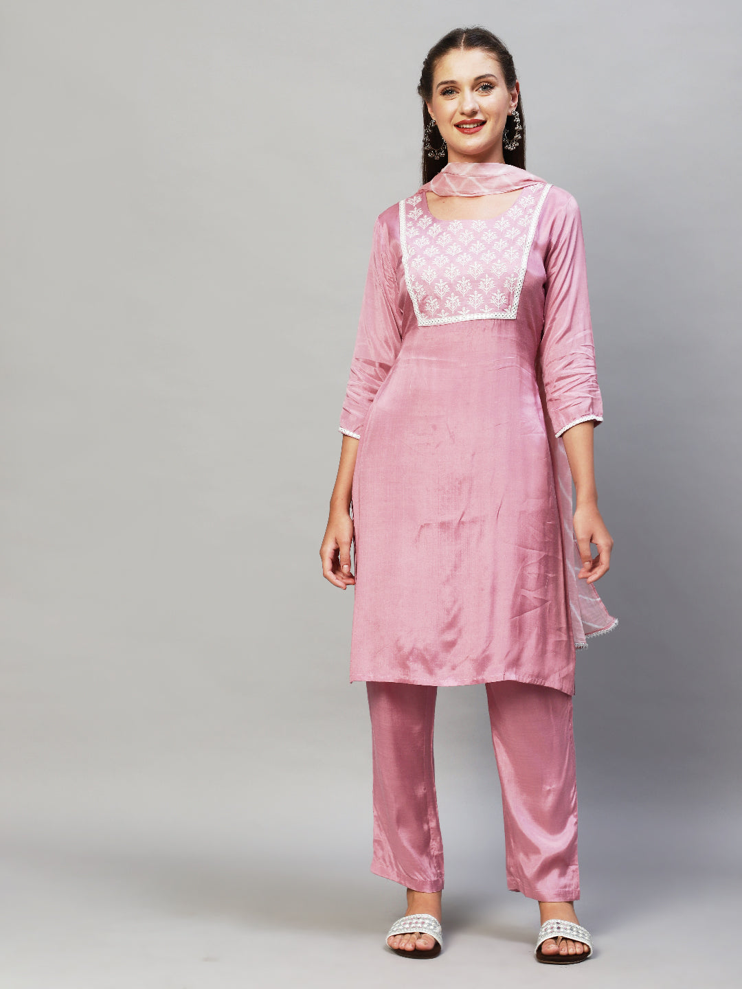 Ethnic Embroidered Kurta with Pants & Dupatta - Lilac Purple
