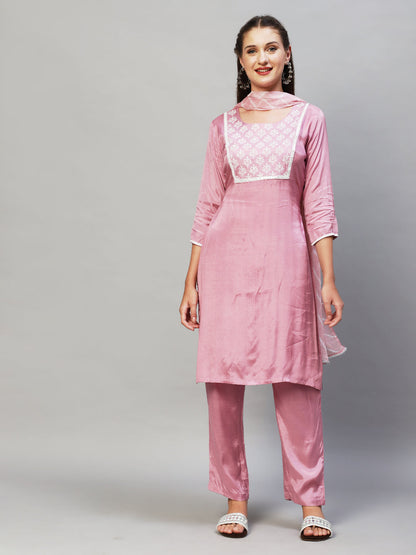 Ethnic Embroidered Kurta with Pants & Dupatta - Lilac Purple